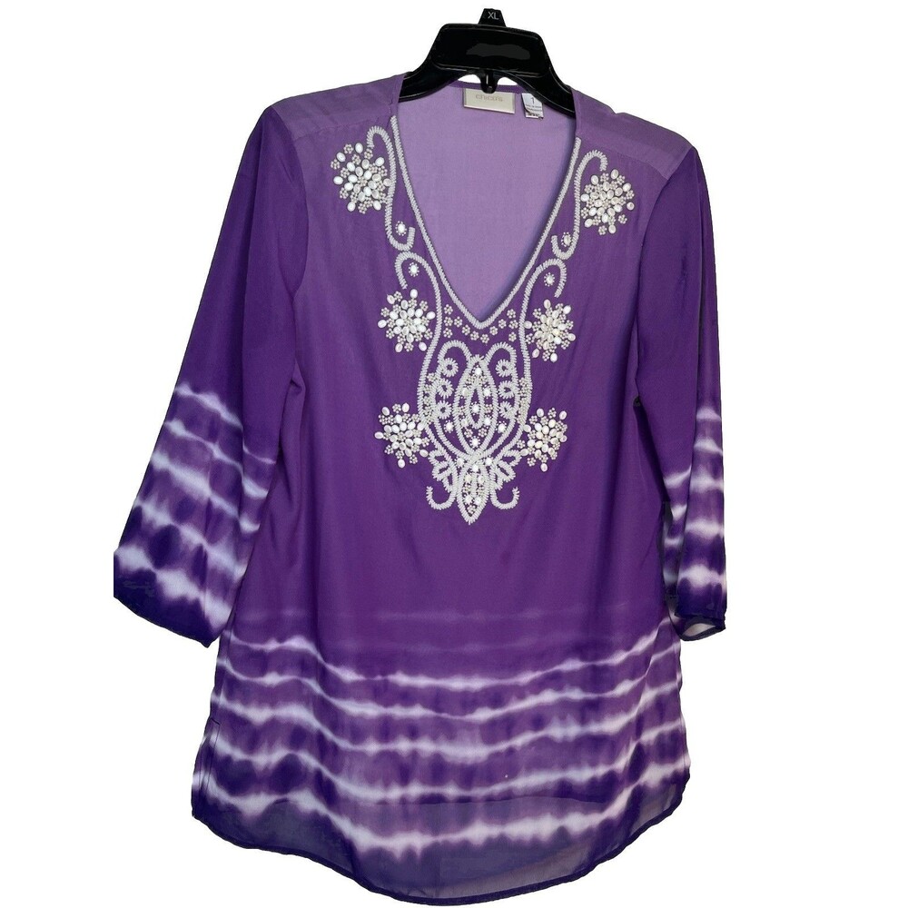Chicos Purple Tie Dye Boho Beaded Kaftan Top sz M 1 10 12